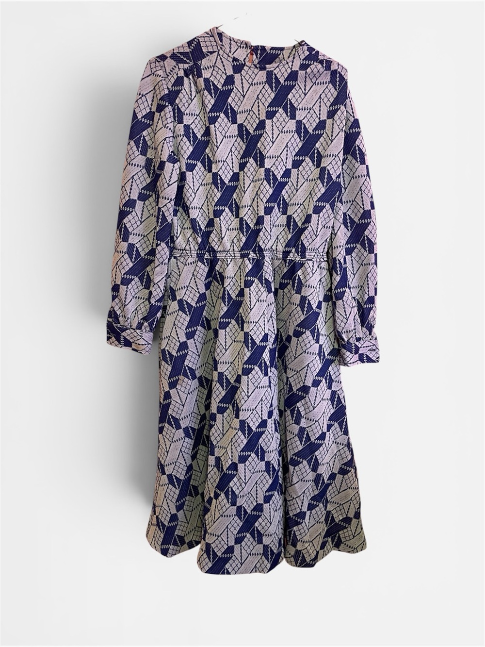 Geometric Print Midi Dress in Navy and Cream